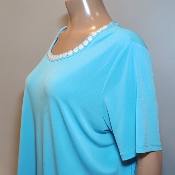 Tanjay Aqua Short Sleeve Top Embellished Scoop Neck Beaded Rhinestone Resort - Picture 7 of 13